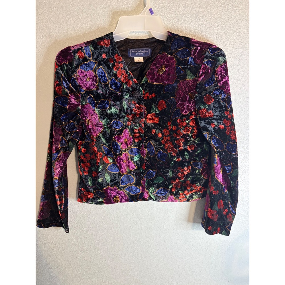 Norton McNaughton Petites Vintage Floral Velvet Jacket Black Purple Red Size 4